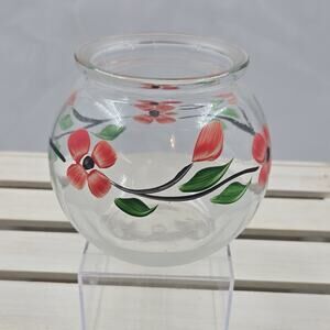 Clear Glass Hand Painted Round Bowl Floral Red Flower Green Leaf Design